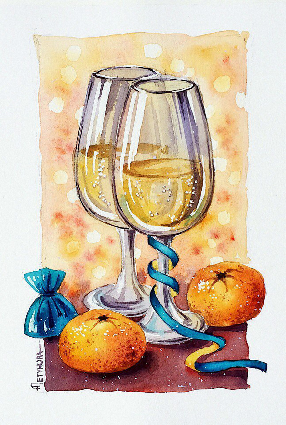 Шампанское на новый год открытка и мандарин