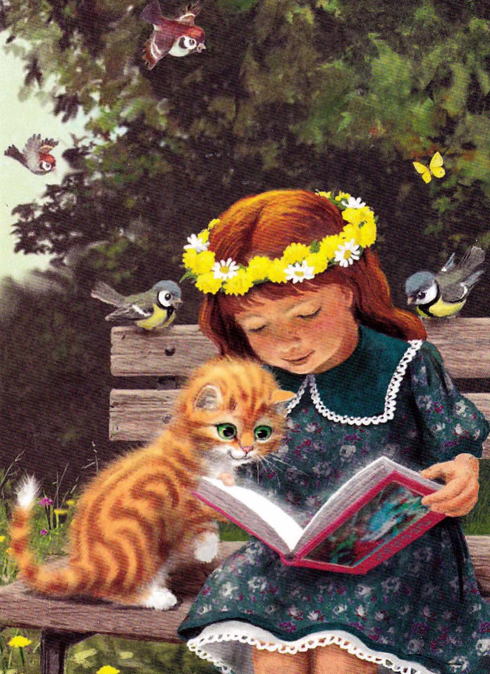 Девушка книжка кот