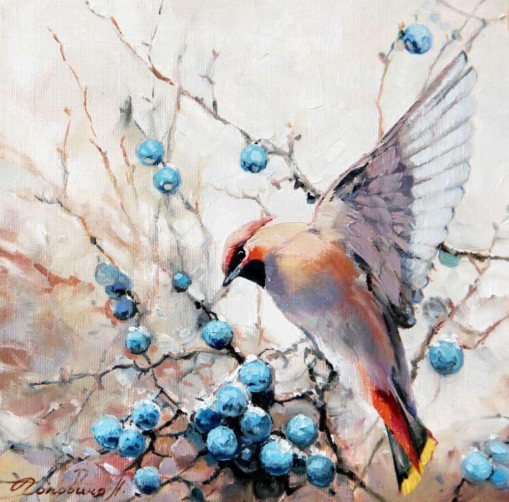Картина маслом свиристель птица