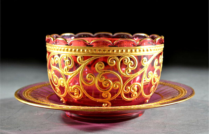 Moser Cranberry Glass Finger Bowl and Underplate 