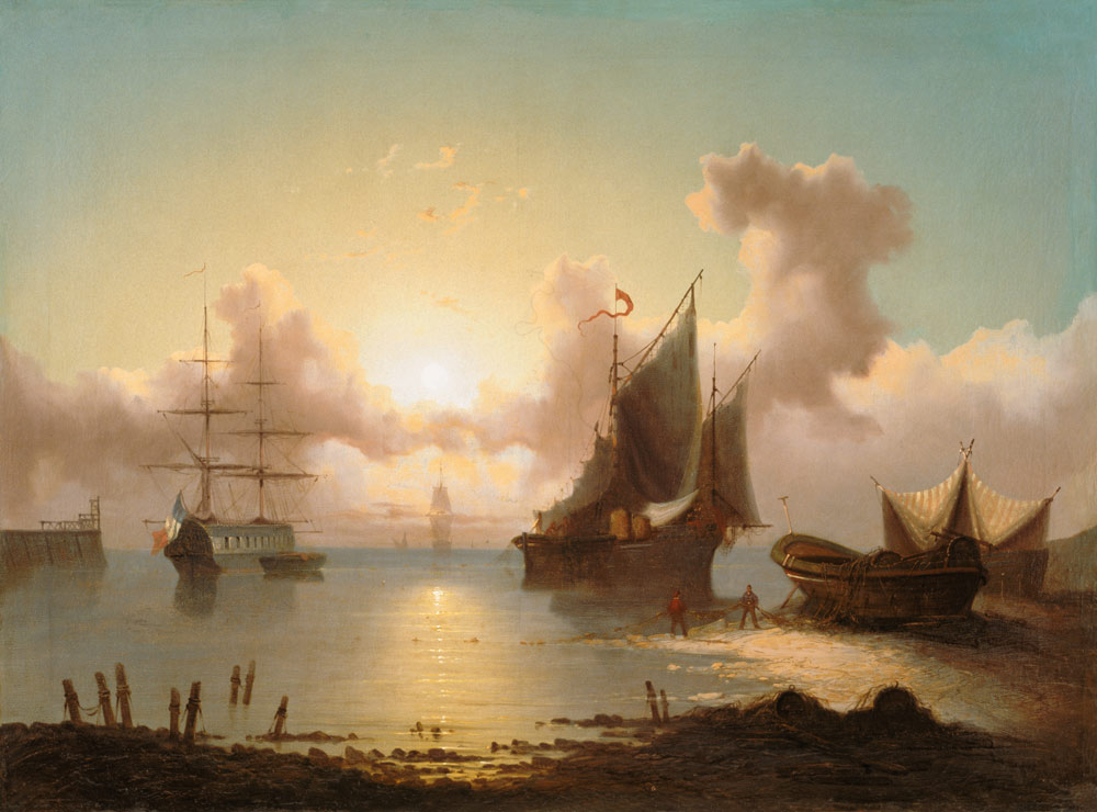 Segelschiffe-bei-Sonnenuntergang-und-Fischer-beim-Einziehen-eines-Netzes