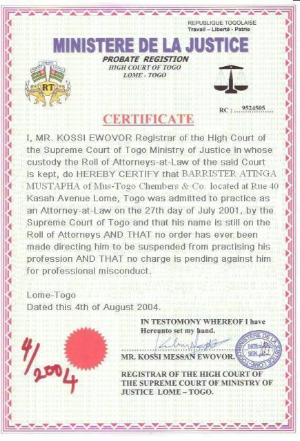 CERTIFICATE TO PRACTICE