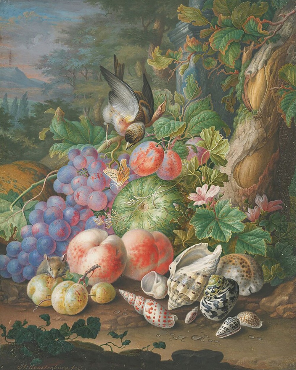27HermanHenstenburghStill Life of Fruit with a Finch and Sea Snail Shells,c. 1700,.