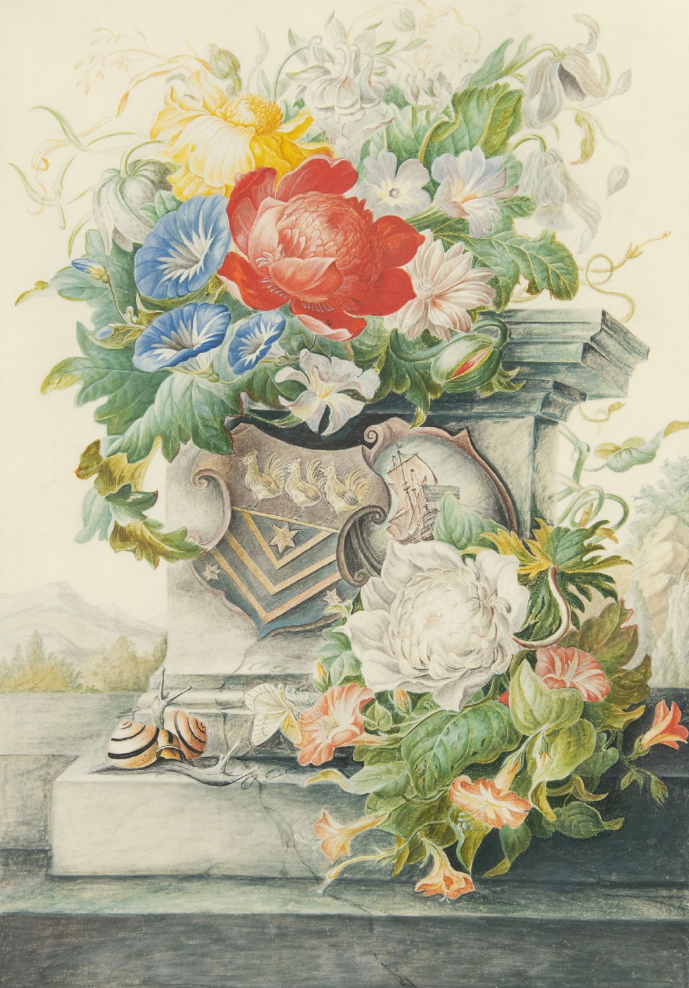 16HermanHenstenburgh166726A flower still life with a column and coat of arms,