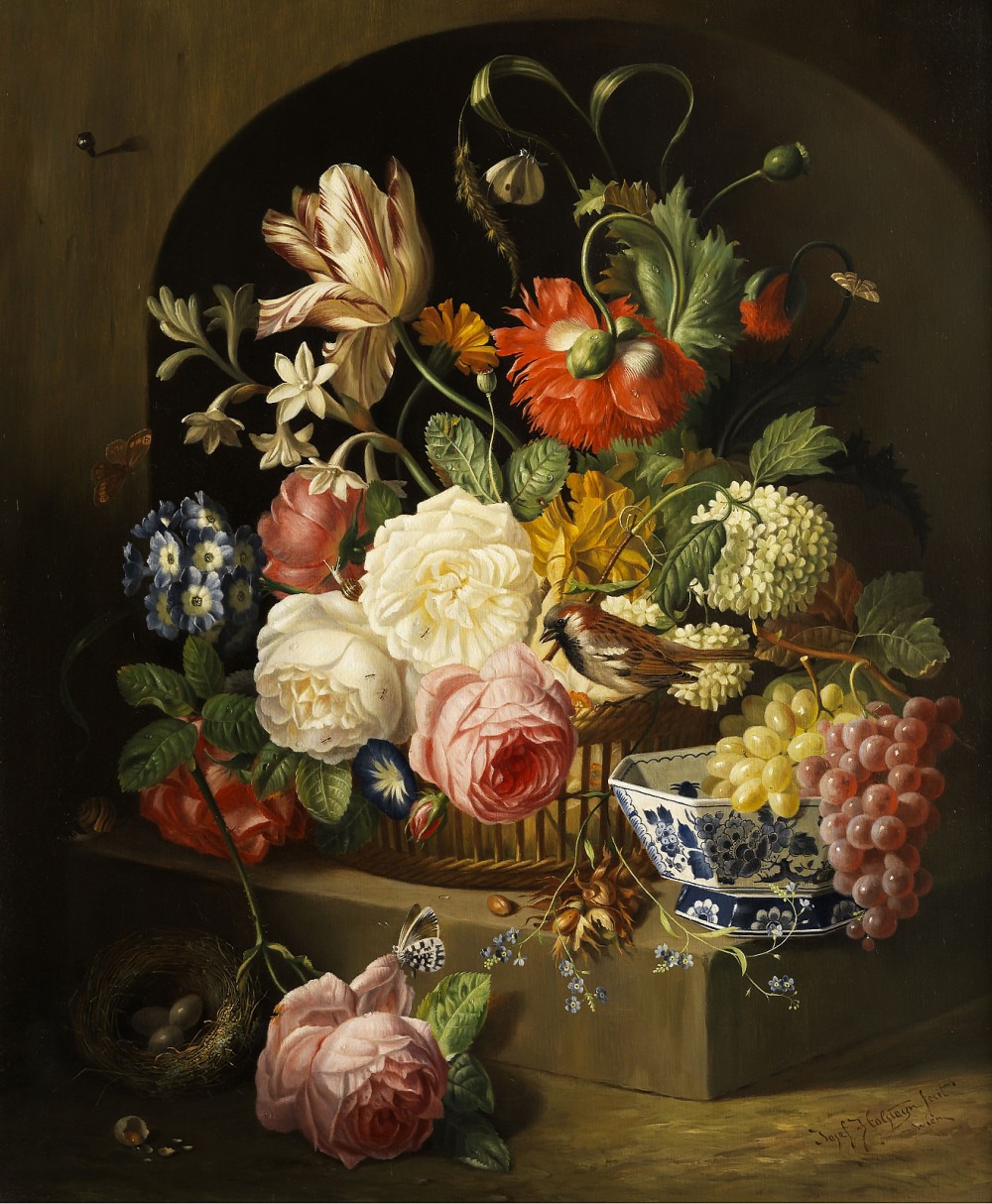 7JosefHolstayn,b1930Натюрморт с букетом цветов и фруктами в кит?