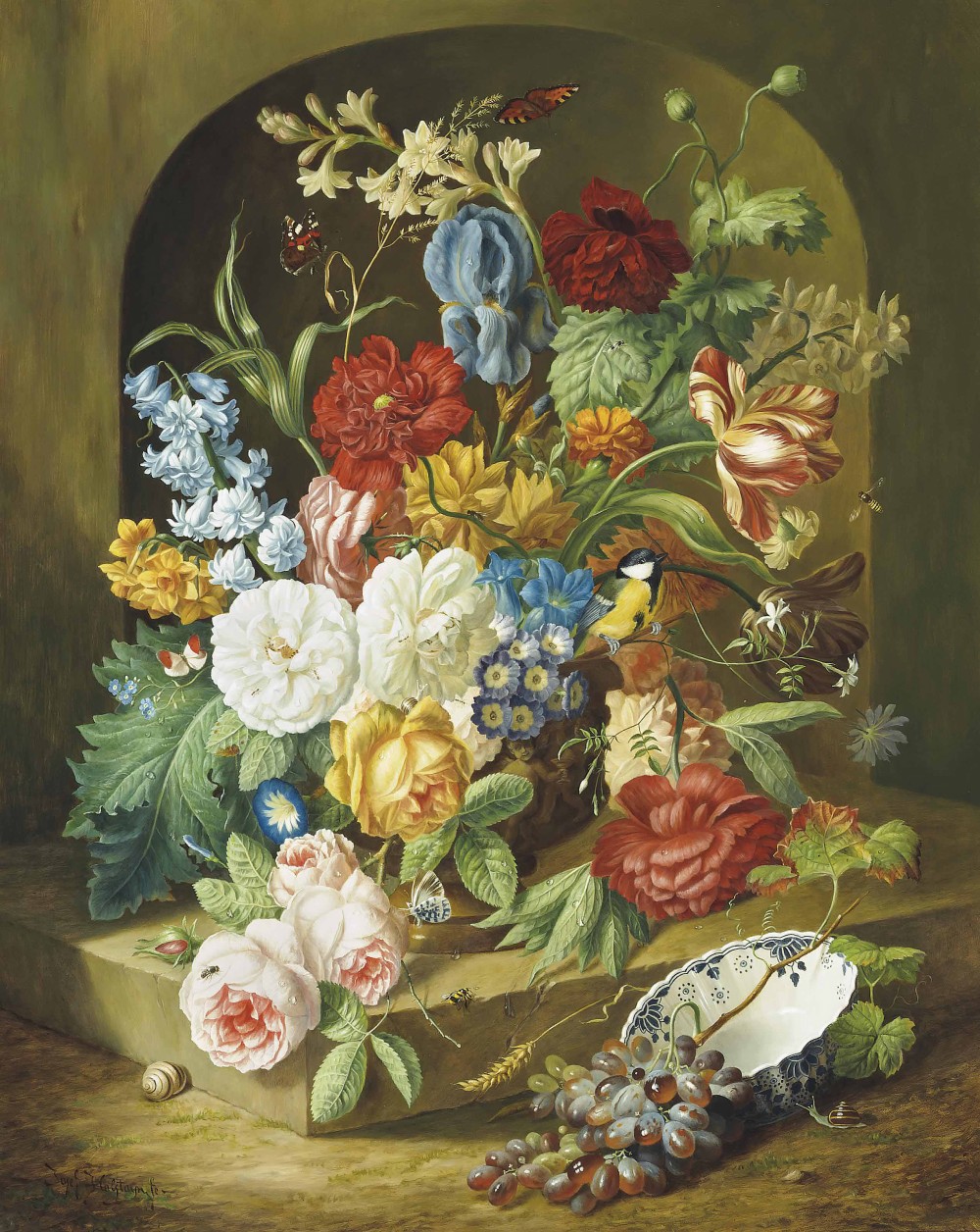 17JosefHolstaynЦветы с синицей в каменной нише(Flowers with bird in a ston