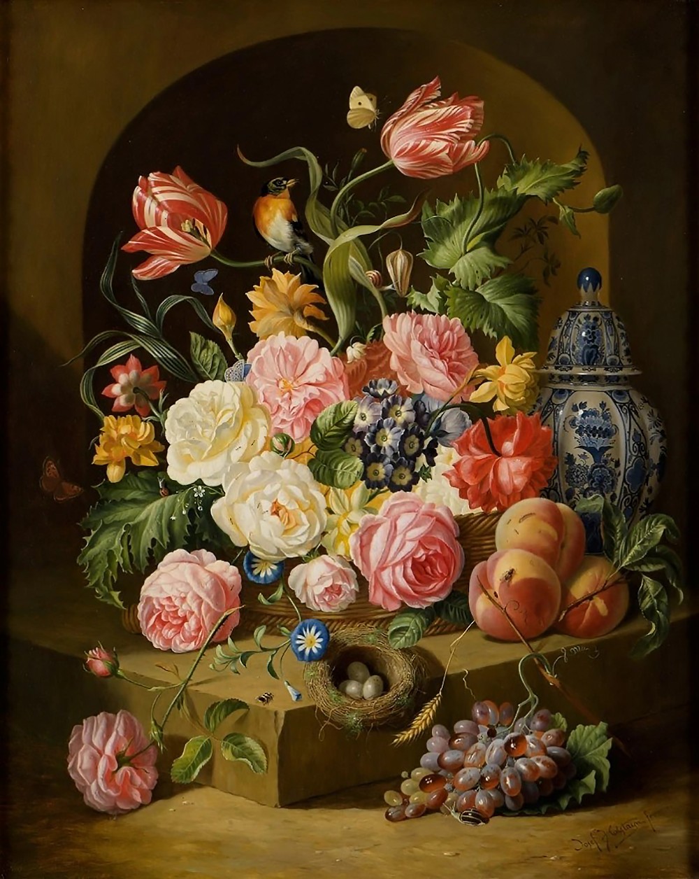 21JosefHolstayn,b.1830FlowerFruit Still Life with Insects and Bird's Nest