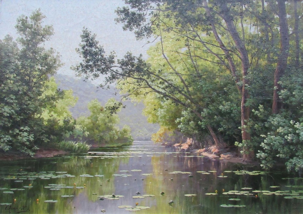 48ReneCharlesEdmondHis'Still Waters', tree-lined and lilipad covered river