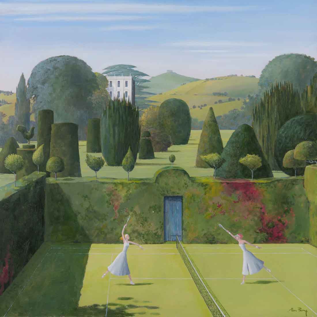Alan-Parry-The-Match-Painting-Tennis-Garden-Quintessentially-British-scene-david-Inshaw-London-art-g