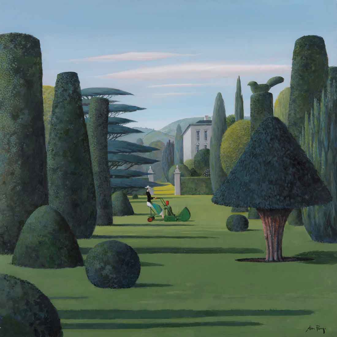 Alan-Parry-The-Lawn-painting-garden-lawnmower-topiary-trees-contemporary-artist-London-art-gallery