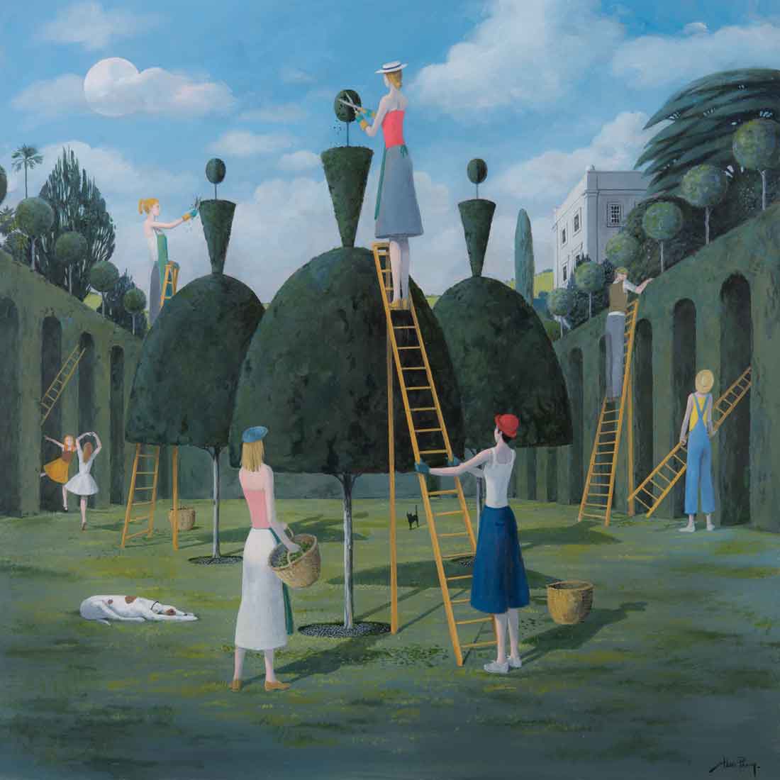 Alan-Parry-Ballet-Garden-1-figurative-painting-topiary-trees-female-figure-London-art-gallery