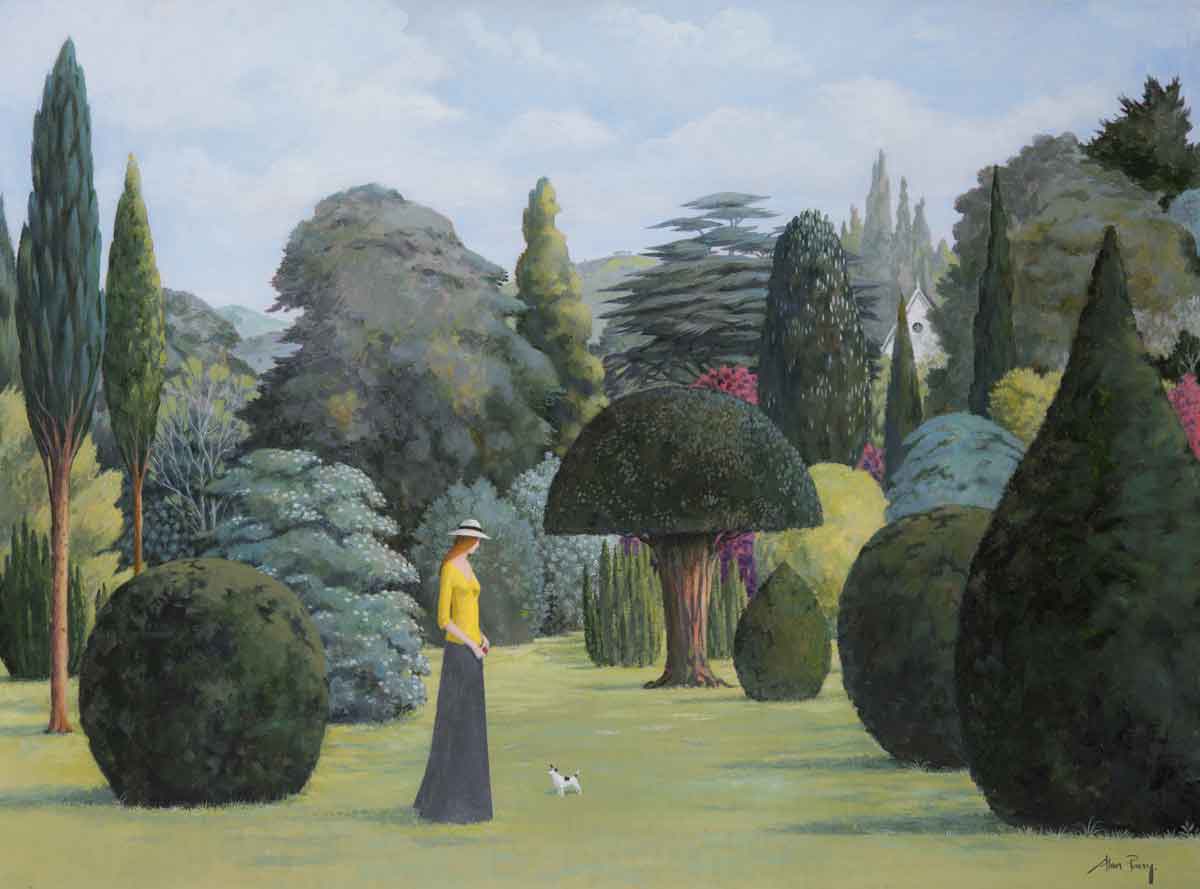 Alan-Parry-Cotswold-Garden-figurative-painting-dog-trees-colours-London-art-gallery