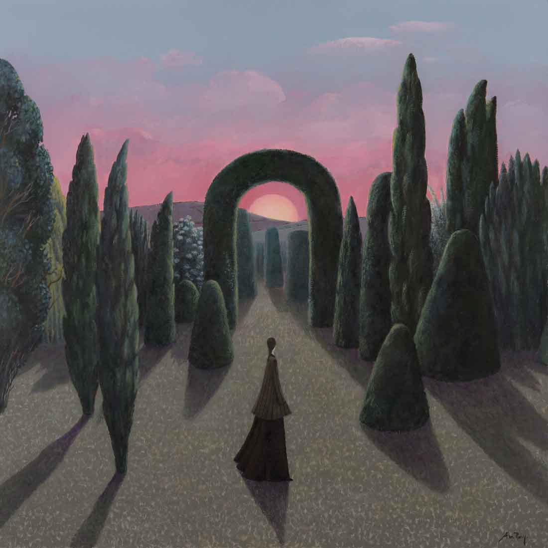 Alan-Parry-Sunset-Walk-figurative-painting-garden-single-figure-London-art-gallery