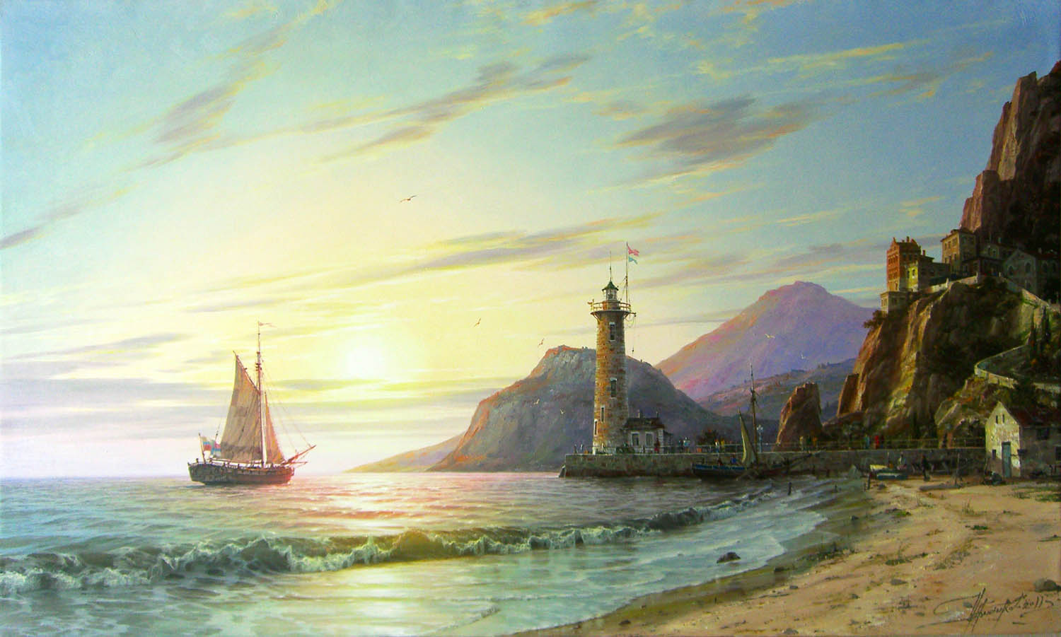 Chernenko-023-ship_waves_sunset_lighthouse_cliff-b