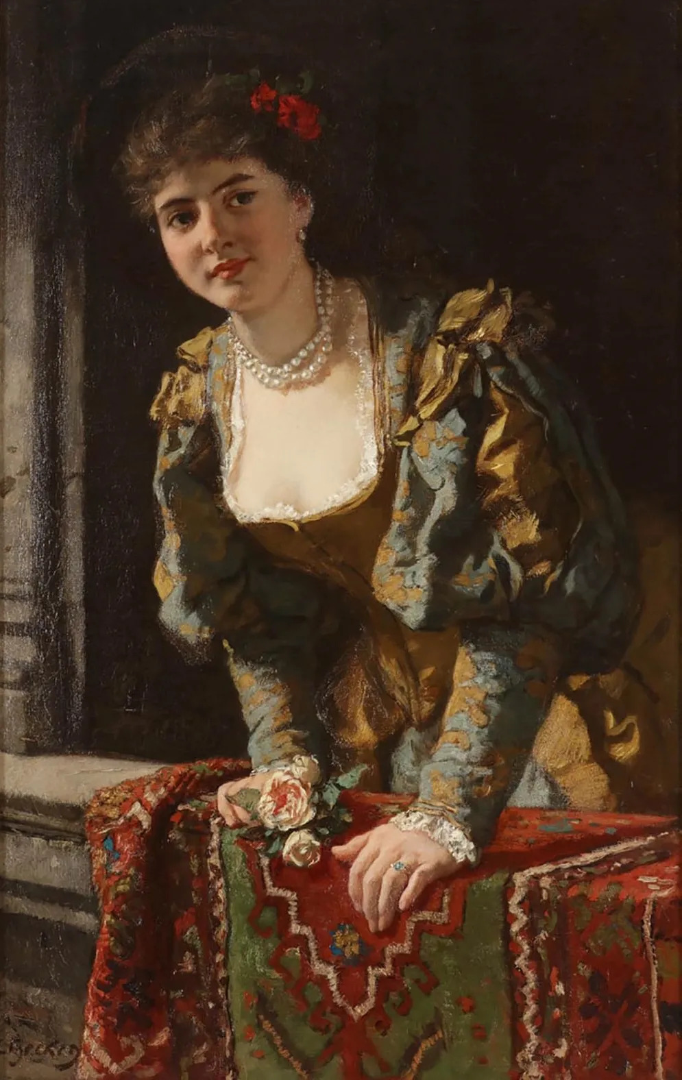 Carl-Becker-Junge-Dame-mit-Rose-auf-Balkon