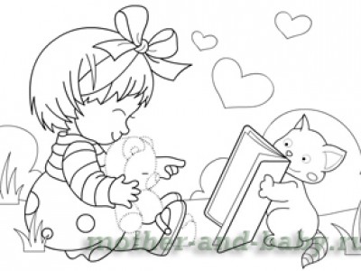 Раскраска Хэллоуин милая маленькая девочка с кошкой - векторный клипарт EPS