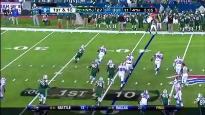 Jets vs Bills Mark Sanchez Flinches from Drayton Florence Jump (11/6/11)