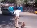 A policeman helps the dog cross the road / Полицейский помогает собаке перейти дорогу