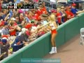 Hooters Ballgirl Picks Up Live Baseball And Tosses it To Crowd