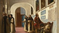 Columbus and son at the convent of La Rábída, approaching prior Juan Pérez, who is su