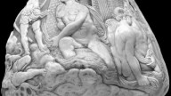 Box and cover.  Powder horn formed of a shell, the surface carved in relief, with the story of Diana
