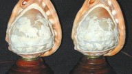 Pair of Helmet shell classical carved lamps on stepped wood pedestal base, 6h x 5w