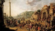 A market in an Italianate harbour with Diogenes in search of an honest man.1666